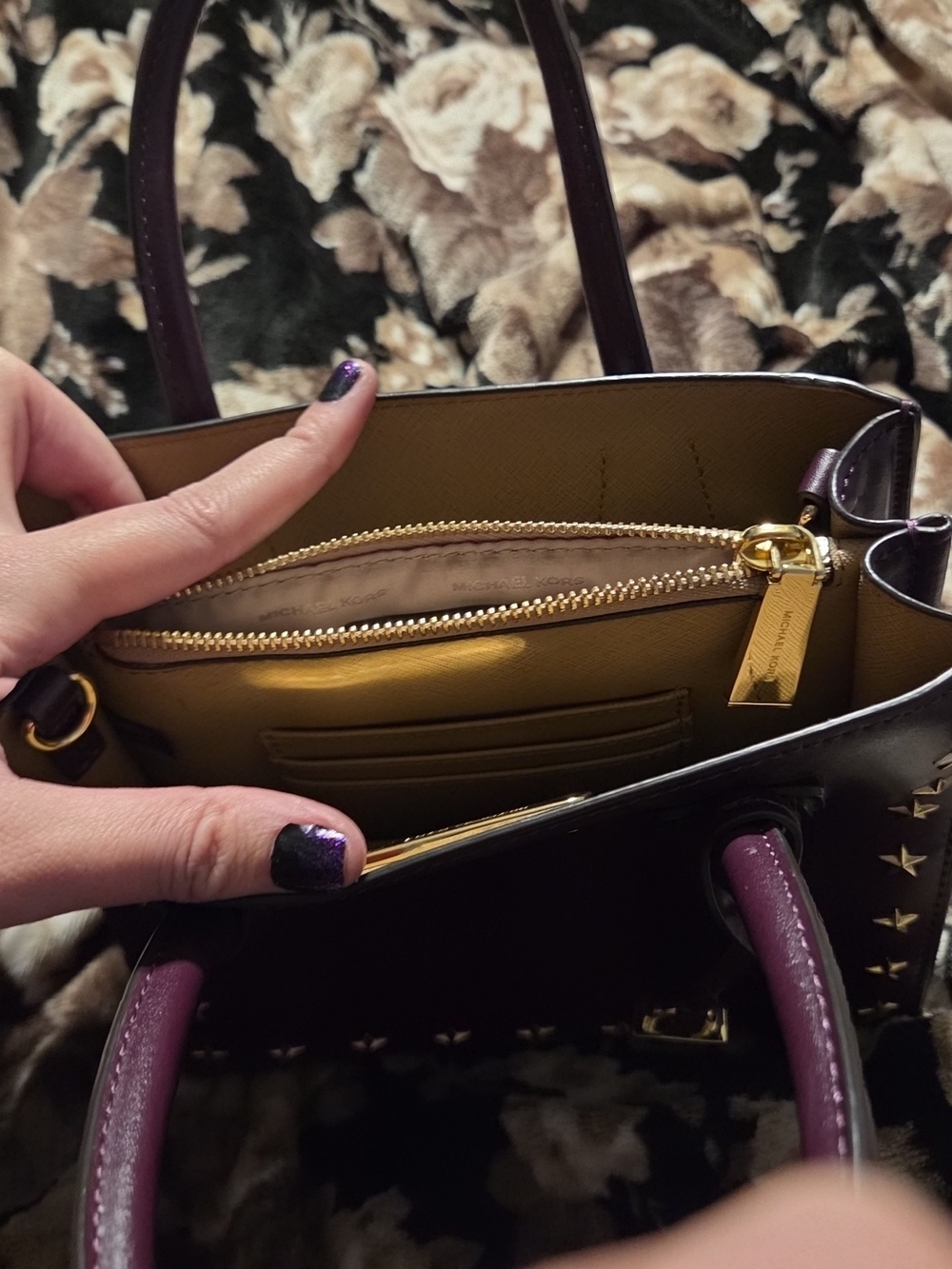 Michael Kors Plum Leather Satchel with Gold Star Studs - Picture 2 of 3